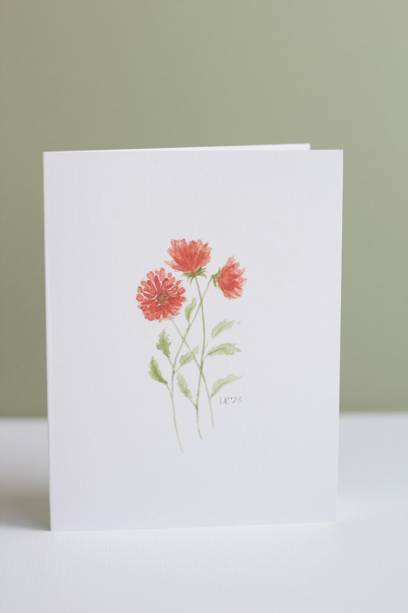 A cheery stem of chrysanthemums watercolor notecard printed on white linen card stock with white envelope.