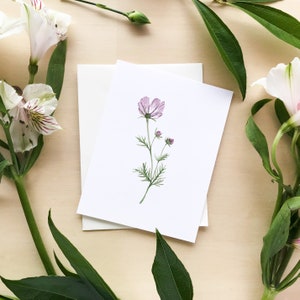 Purple cosmos flower stem watercolor notecard printed on white linen card stock with white envelope.