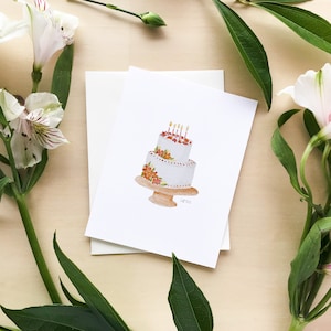 Verjaardagstaartkaart Aquarel kaart geschilderd verjaardagstaart kaart witte cake verjaardagskaart voor verjaardag meisje kaart laag taart kaart fancy cake auto