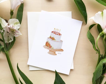 Birthday Cake Card Watercolor card painted birthday cake card white cake birthday card for birthday girl card layer cake card fancy cake car