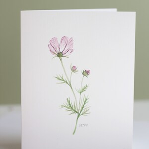 Purple cosmos flower stem watercolor notecard printed on white linen card stock with white envelope.