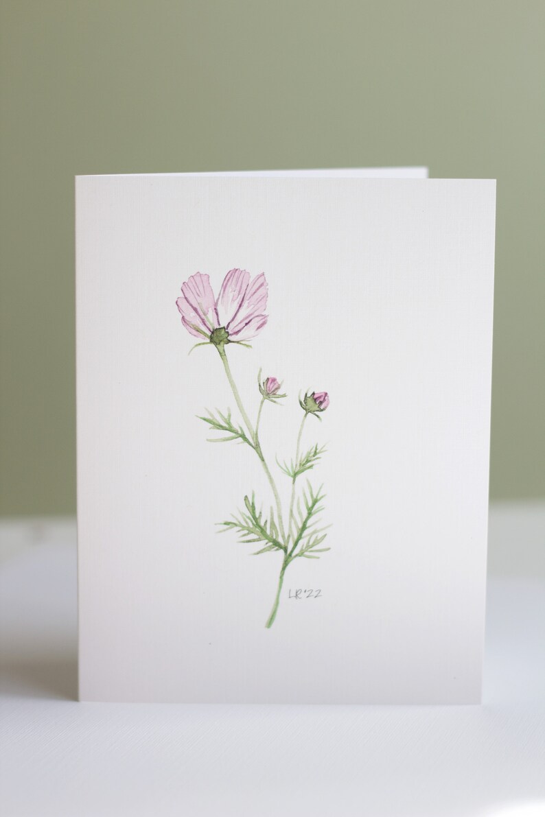 Purple cosmos flower stem watercolor notecard printed on white linen card stock with white envelope.