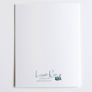 Back of white watercolor note card featuring the Lisee Ree logo.