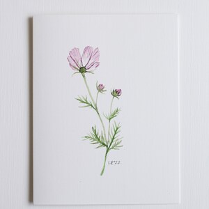 Purple cosmos flower stem watercolor notecard printed on white linen card stock with white envelope.