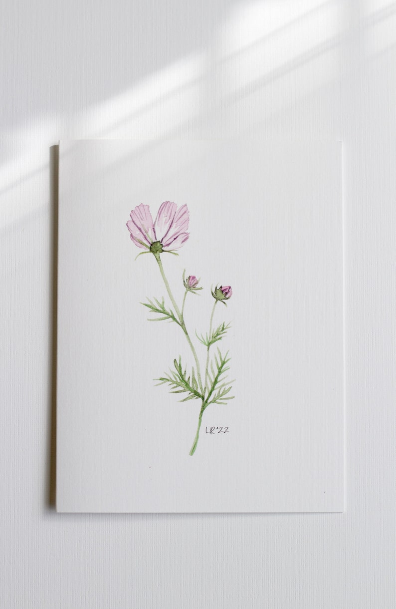 Purple cosmos flower stem watercolor notecard printed on white linen card stock with white envelope.