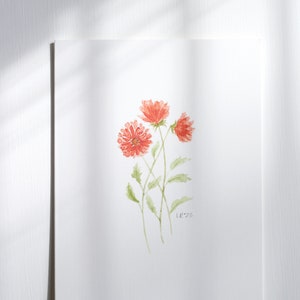 A cheery stem of chrysanthemums watercolor notecard printed on white linen card stock with white envelope.