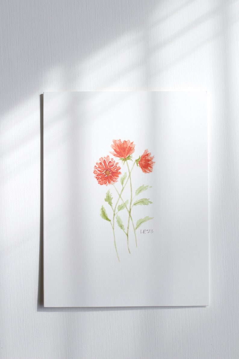 A cheery stem of chrysanthemums watercolor notecard printed on white linen card stock with white envelope.