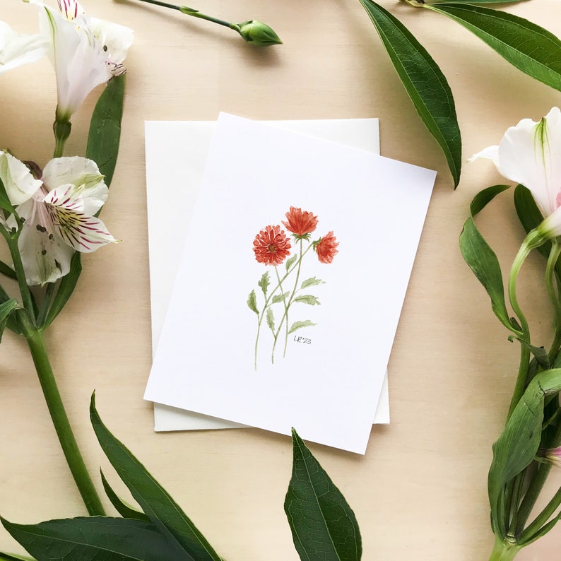 A cheery stem of chrysanthemums watercolor notecard printed on white linen card stock with white envelope.