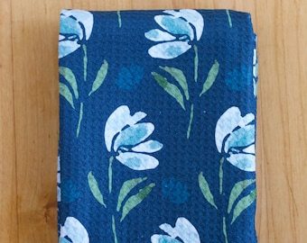 Blue Floral Microfiber Tea Towel: Waffle Weave Kitchen Hand Towel