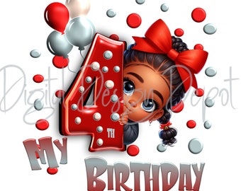 4th Birthday African American Girl PNG: Sublimation Design (Digital Download)