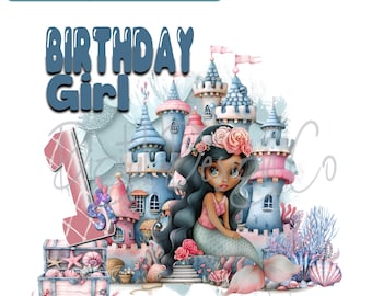 Little Mermaid 1st Birthday PNG: Sublimation Design Bundle (Digital Download, African American girl
