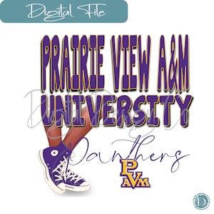 May include: Purple and gold graphic design featuring the text "Prairie View A&M University Panthers" with a pair of purple and white sneakers and a purple and gold logo with the letters "PVA&M".