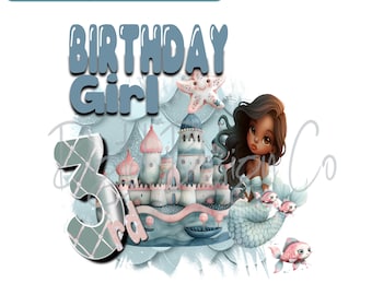 Little Mermaid 3rd Birthday PNG: Girl Sublimation Design (Digital Download), African American girl