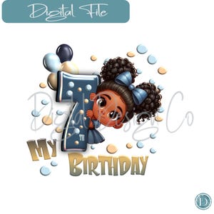 My 7th Birthday Digital Download - Cute Cartoon Girl Party Decoration, bundle, african american girl,sublimation design download, png