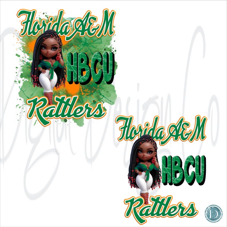 May include: Digital design featuring a cartoon doll with long black braids, wearing a green top and white pants. The design includes the words "Florida A&M HBCU Rattlers" in green and orange, with a green splatter background.