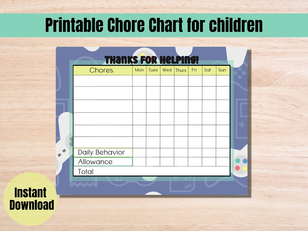 Chore Chart for Kids/video Game Controller Background Options/kids ...