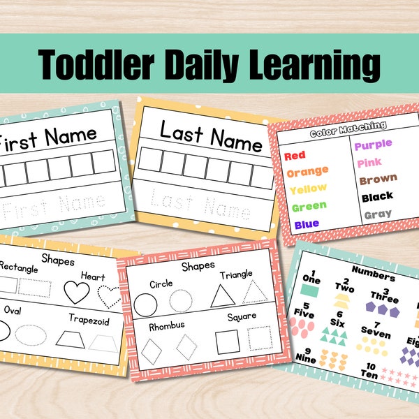 Daily learning bundle for toddlers, pre-k, and kindergarten, learn to write and spell name, learn shapes, colors and numbers.
