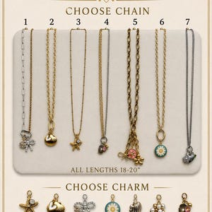 May include: A Charm Bar display featuring seven numbered necklaces with various chain styles and attached charms, including a bow, seashell, starfish, and floral designs. Below, seven individual charms are shown for selection.
