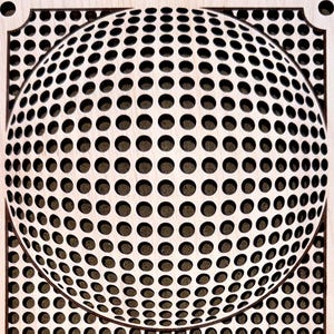 May include: Wooden wall art featuring two black and white spherical designs composed of small, evenly spaced dots. The artwork is rectangular with a light wood frame and four corner holes for hanging. The design creates an optical illusion.