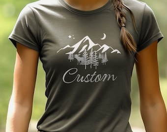 Custom Slim Fit Women's T-Shirt with Mountain Scene Design, Personalized Soft Lightweight Feminine Fit Tee, Fitted T Shirt for Her