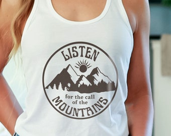 Listen For the Call of the Mountains Women's Ideal Racerback Tank Top, Slim Fit Mountain Design Shirt, Boho Design Fitted Tank Top for Her