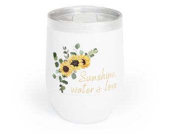 Sunshine, Water & Love 12oz Stainless Steel Vacuum-Insulated Wine Tumbler, Travel Wine Cup, Stemless Metal Wine Glass, Great Gift For Her