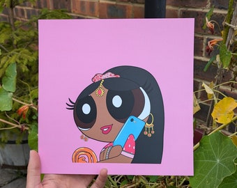 May include: A pink background with a cartoon illustration of a woman with dark hair, brown skin, and large eyes. She is wearing a pink and white patterned dress, a gold nose ring, and a gold headband. She is holding a blue cell phone to her ear and a gold bangle on her wrist.