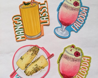 May include: Four colorful stickers featuring illustrations of popular Indian drinks and desserts. The stickers feature mango lassi, falooda, kulfi, and another falooda. Each sticker has a white background with a colorful design and text.