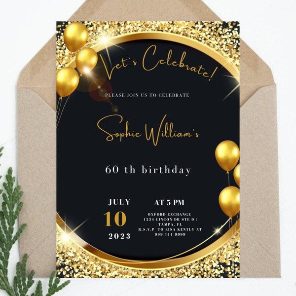 Modern Mobile Canva Invitation Template for Adult Birthday Party | Edit, Customize and Print or Download and Share | Elegant Black & Gold