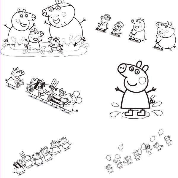 6 Peppa Pig kleurplaten in PDF-formaat, digitale download, cartoon kleurplaten voor kinderen, PDF-formaat voor de creativiteit van kinderen