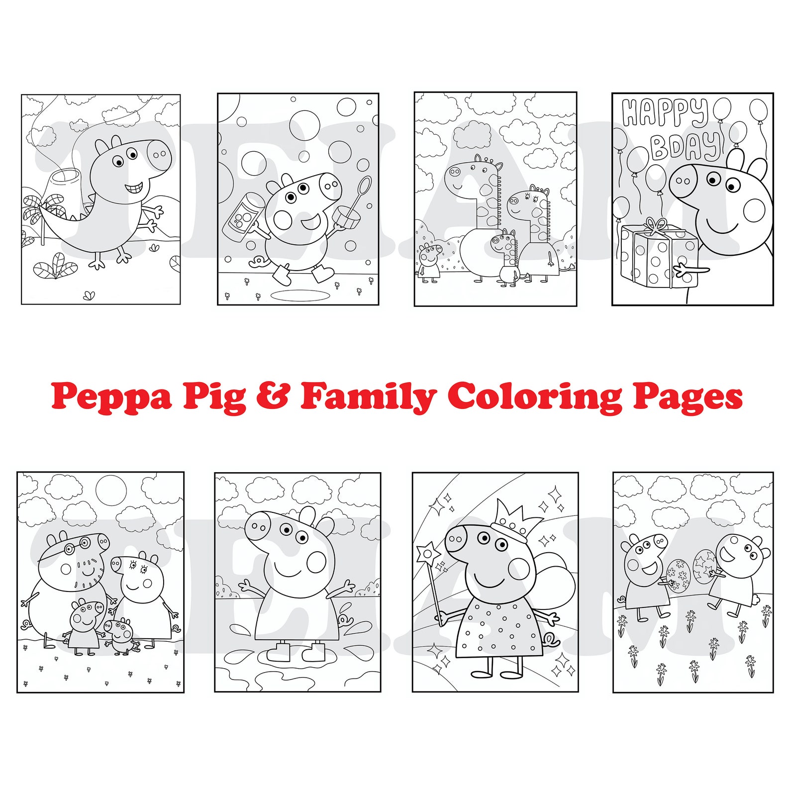 8 Peppa Pig &amp; Family Colouring Pages in PDF Format, Digital Download ...