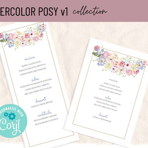 Druckbare Event Menü Karte | Aquarell Posy v1 Kollektion | Blumenmotiv | Für US 4x9 in, UK 10,2 x 22,9 cm oder US 5x7 in
