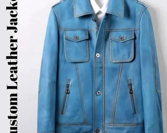 Blaue Schaffell-Lederjacke für Männer, Herren-Lederjacke blau, gesteppte Bomberjacke, Stil-Rennjacke, Geschenk für ihn