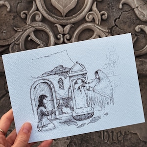May include: A black and white pen and ink drawing on textured paper. The artwork depicts a scene with a building, a figure, and a tall structure. The drawing style is detailed, with shading and line work creating depth and texture.