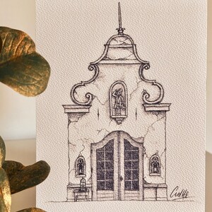 May include: Pen and ink drawing of a building facade with a detailed architectural design. The artwork features a central arched doorway, small windows, and a decorative top. The drawing is signed "CidHe" in the lower right corner.