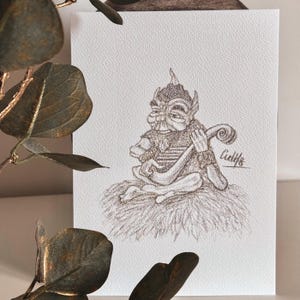 May include: A pencil sketch on textured white paper depicts a seated, whimsical creature playing a stringed instrument. The creature has large eyes, a pointed head, and is surrounded by a grassy texture. The artist's signature, "Cielifs", is visible.