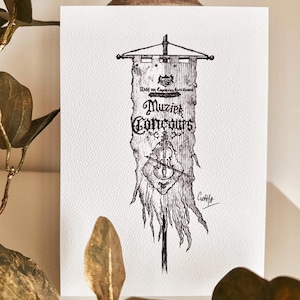 May include: A black and white illustration of a banner with the text "Muziek Concours" and a violin. The banner is hanging from a pole and has a tattered edge. The illustration is signed "Ciottle".