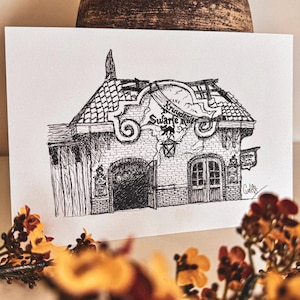 May include: A black and white ink drawing of a building with a sign that reads "KRUIDENMARKT  SWARTE RAT". The building has a brick facade and a tiled roof. The drawing is on a white background.
