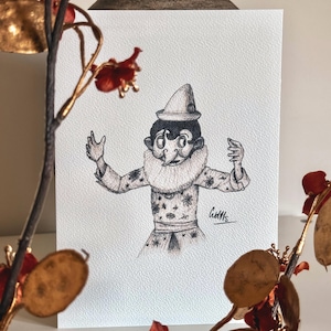 May include: A black and white pen and ink illustration of a Pierrot figure with a ruffled collar and a pointed hat. The figure's costume is decorated with stars. The artist's signature, "Watts", is in the lower right corner.