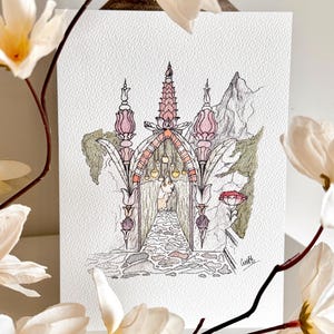 May include: A watercolor illustration of a whimsical archway with pink flowers, a stone path, and a mountain in the background.