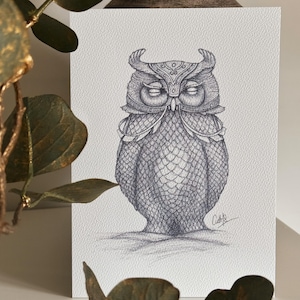 May include: A detailed pen and ink drawing of an owl with closed eyes, wearing ornate headgear and armor. The owl is centered on a textured white paper, with a signature in the lower right corner. The artwork is a study in shading and texture.
