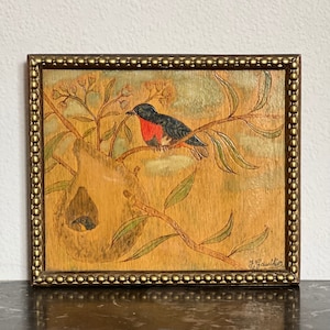 Framed vintage pyrography signed J. Gauthier / pyrography and bird painting / 1970s pyrography / small vintage frame