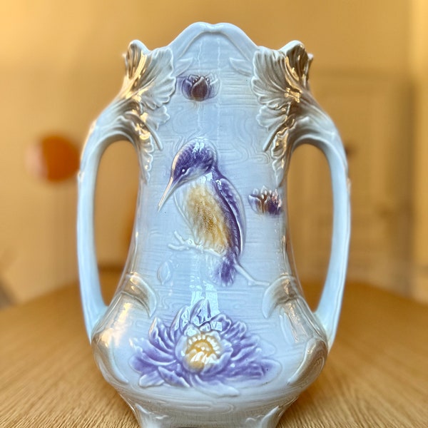 Large slip vase by Salain Les Bains, bird motif - 1930s majolica handle vase made in France blue slip ceramic