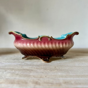 Antique pink and turquoise ceramic planter from the late 19th century - numbered Sarreguemines majolica planter from the late 1800s