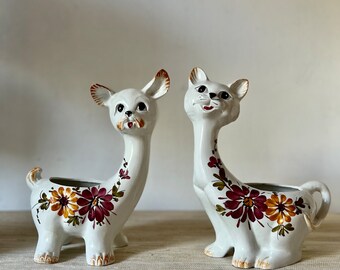 ヴィンテージの手描き陶器の長い首の猫 - イタリア製、ミッド