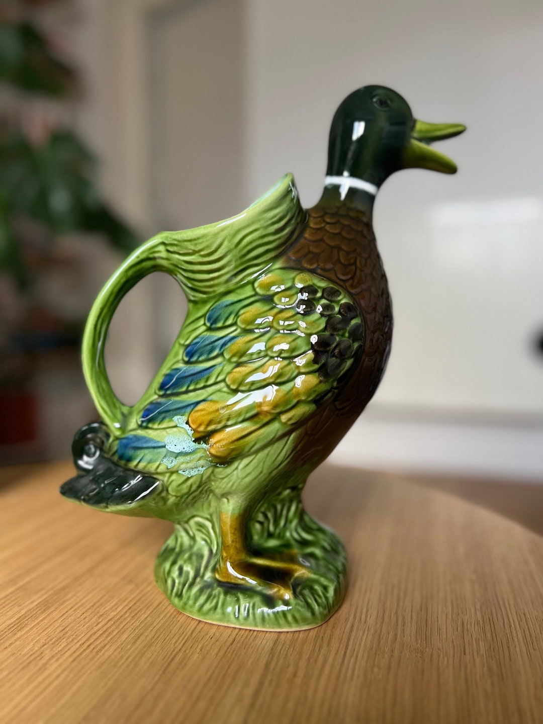 Slush Ceramic Duck Pitcher / 1970s Ceramic Duckshaped Pitcher / Vintage Green Duckshaped