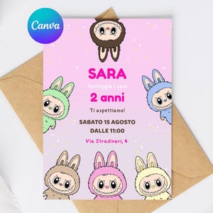 Invito compleanno digitale Labubu, invito modificabile, invito digitale personalizzato canva