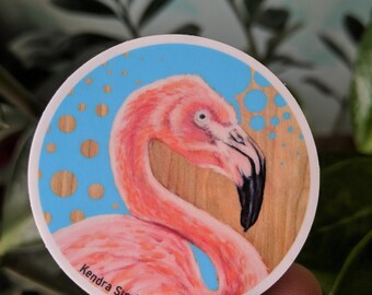 Flamingo Sticker, High Quality Round Vinyl for Indoor and Outdoor use, Bird Pink Feathers, Created from an Original Acrylic Painting