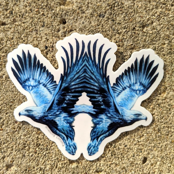 Mirrored Eagles Sticker, High Quality Die Cut Vinyl for Indoor and Outdoor use, Eagle Bird Blue, Created from an Original Acrylic Painting