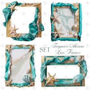 Set 4 Cornici Mare Lusso Turchese – File PNG Digitali con Stelle Marine, Conchiglie, Oro per Decorazioni Estive, Planner, Inviti